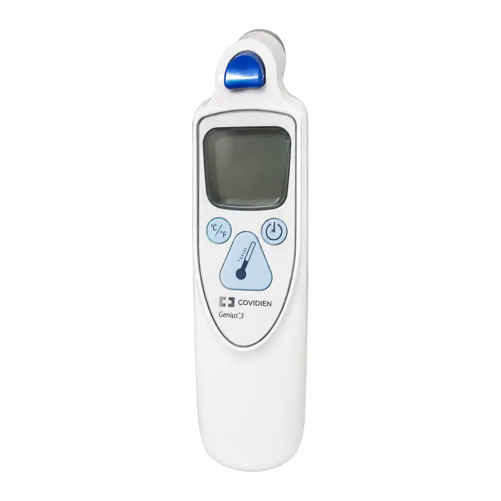 White plastic tympanic thermometer with blue button and display screen branded as covidien genius 3