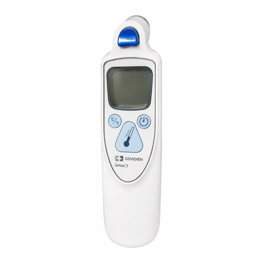 White plastic tympanic thermometer with blue button and display screen branded as covidien genius 3