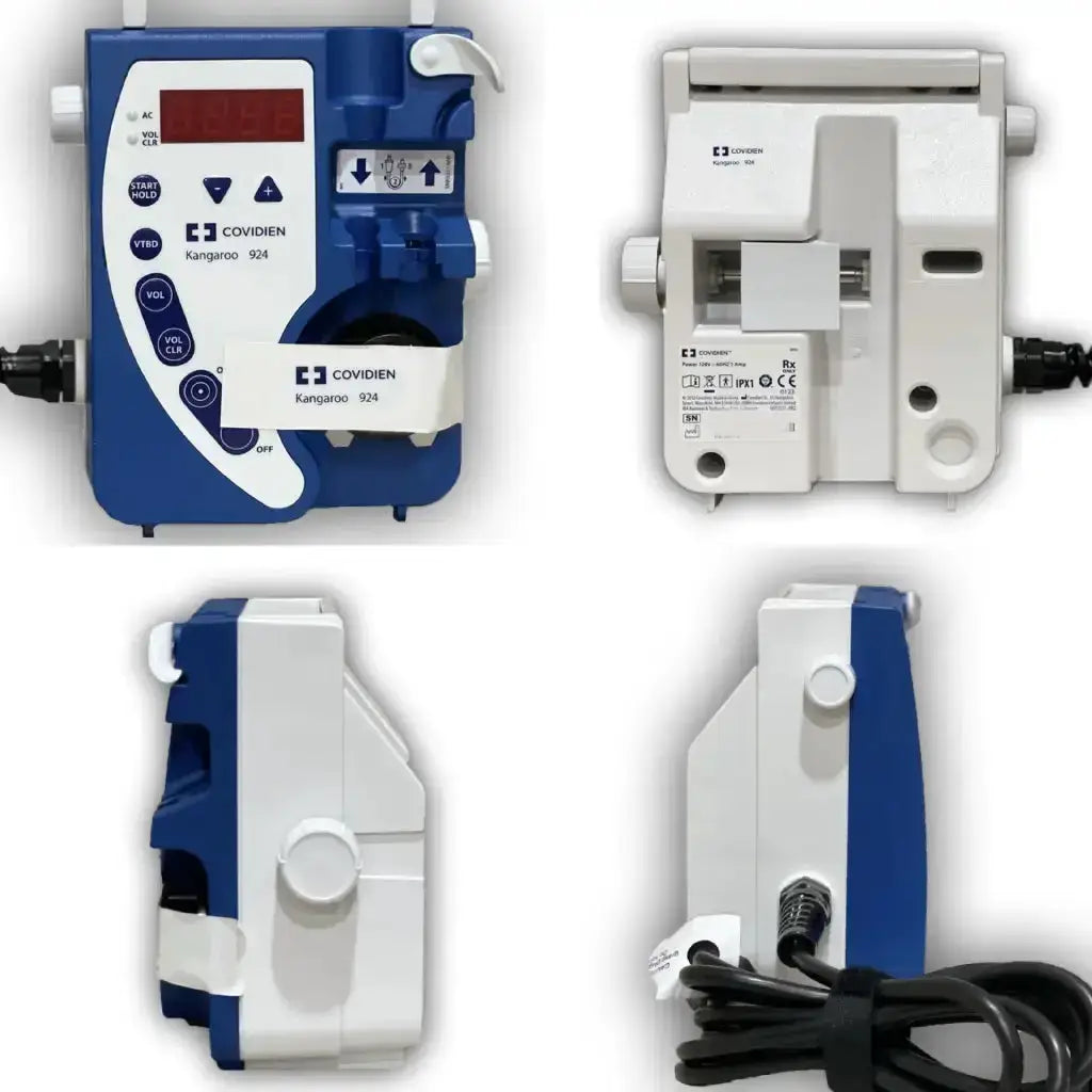 Blue and white covidien kangaroo 924 enteral feeding pump with digital display for precise enteral feeding use