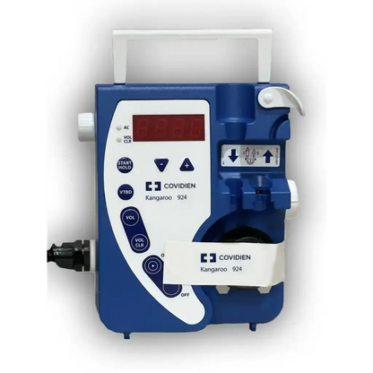 Blue and white covidien kangaroo 924 enteral feeding pump with digital display, control buttons, and medication port