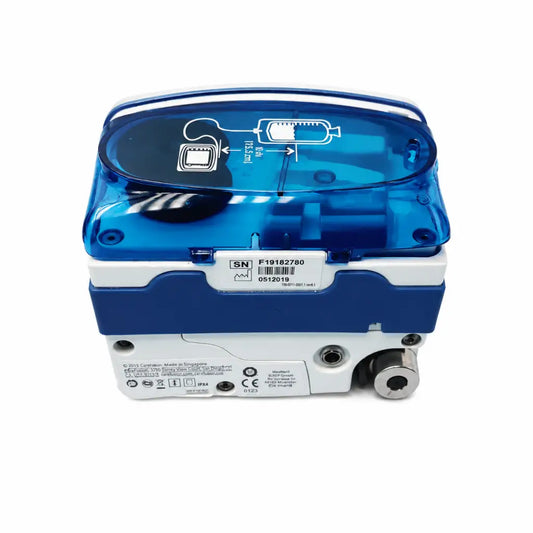 Blue and white covidien kangaroo joey enteral feed and flush pump with transparent blue cover showing device components