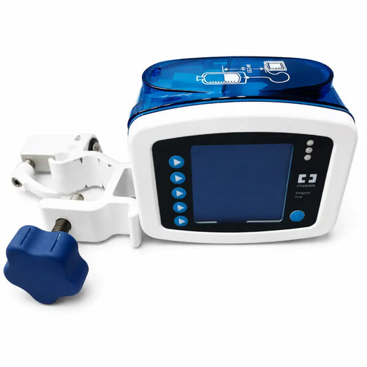 Blue and white covidien kangaroo joey enteral feed and flush pump with transparent blue lid digital screen and pole clamp