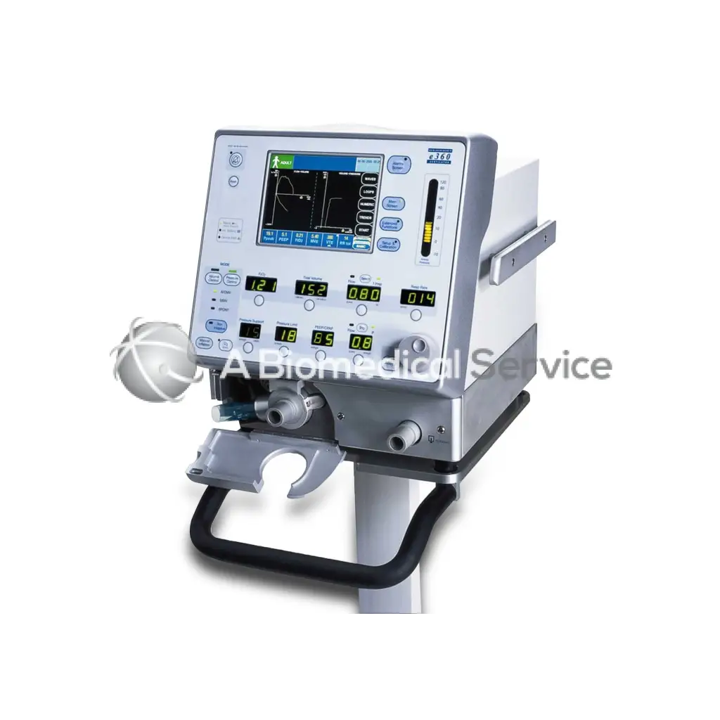 Silver and gray Covidien Newport e360 medical ventilator with digital display control buttons and tubing ports