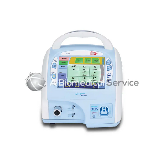 Light blue and white Covidien Newport HT70 Plus portable ventilator with digital display showing respiratory settings