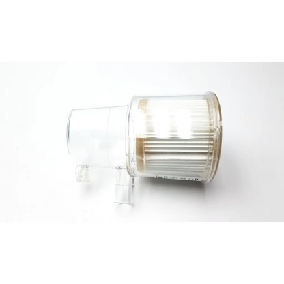 Clear plastic covidien puritan bennett d x800 expiratory filter housing with cylindrical ribbed internal filter element