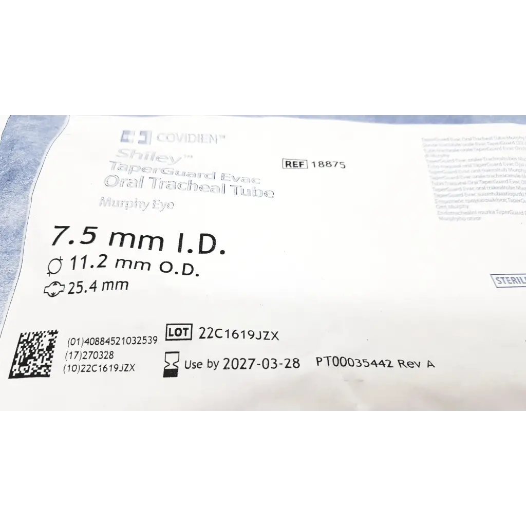 Covidien shiley evac oral tracheal tube 7.5 mm i.d sterile medical device with printed specifications on packaging label