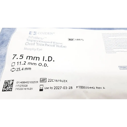 Covidien shiley evac oral tracheal tube 7.5 mm i.d sterile medical device with printed specifications on packaging label