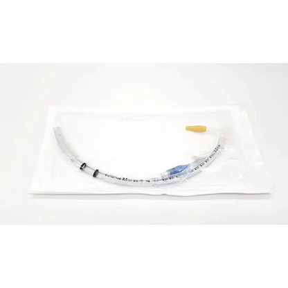 Clear plastic covidien shiley evac trachtubes with taperguard cuff 7.0 mm featuring black markings and blue connector with yellow cap
