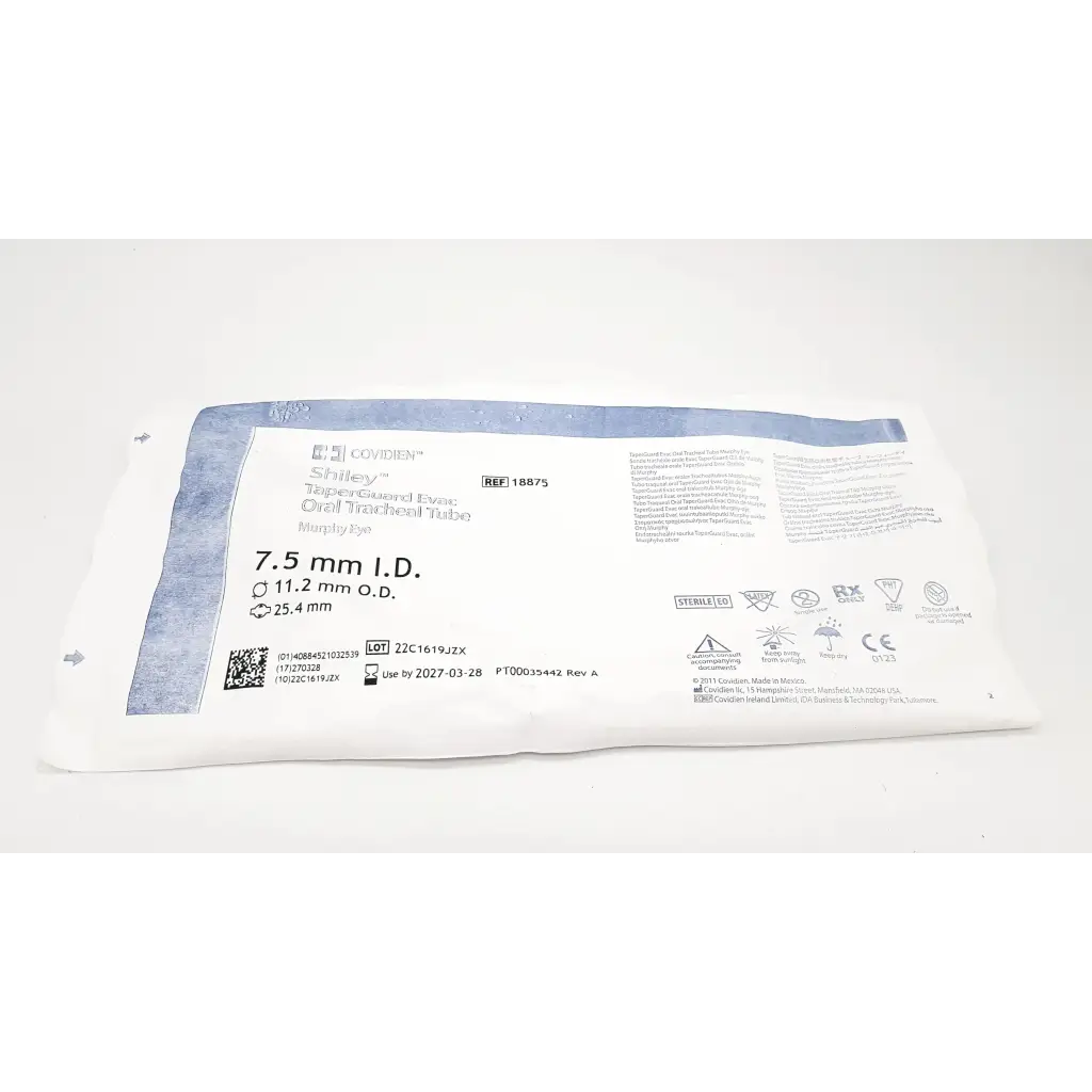 White and blue sterile packaging of covidien shiley evac trachtubes oral tracheal tube with taperguard cuff 7.0 mm