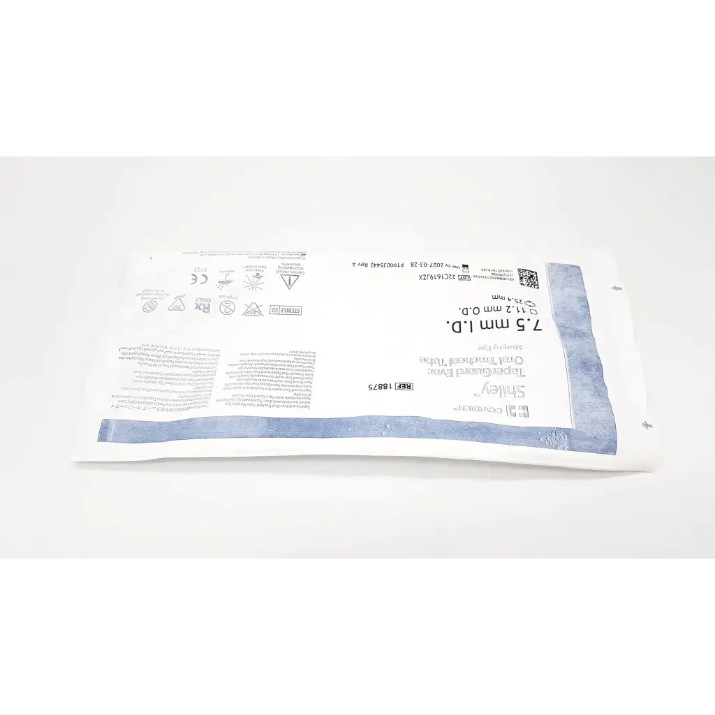 White sterile surgical drape with blue printed labeling and sealed edge for covidien shiley evac trachtubes 7.0 mm