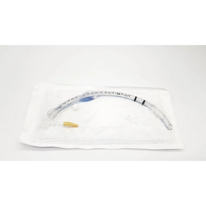 Clear plastic covidien shiley evac trachtube with blue and black markings and gold connector 7.0 mm taperguard cuff
