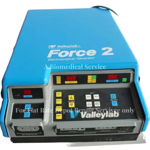 Blue covidien valleylab force 2 electrosurgical generator with black control panel and red displays for repair service medical equipment