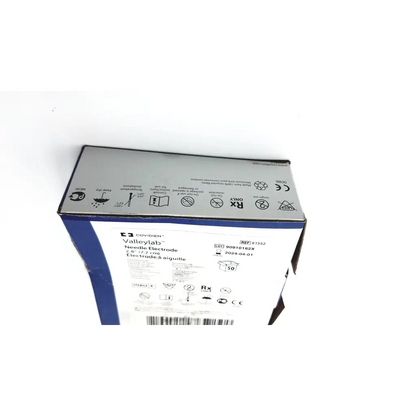 White and blue cardboard box for covidien valleylab needle 2.8 7.2 cm electrode e1552 medical device packaging