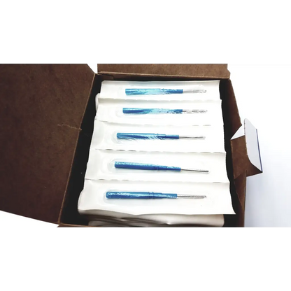 Five blue-handled covidien valleylab needle electrodes e1552 individually wrapped in clear plastic in a brown box