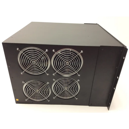 Black metal Creston dm-mdx8x8 server rack with four silver mesh fans for high definition digital media distribution