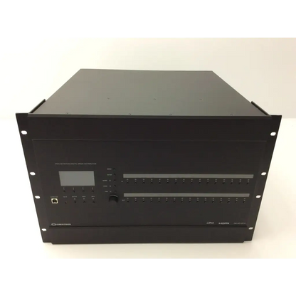 Black Creston dm-mdx8x8 rack-mountable audio distribution amplifier with display and ports for high definition digital media distribution