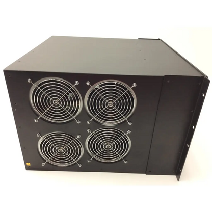 Black metal Creston dm-mdx8x8 server rack with four circular fans for high definition digital media distribution