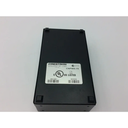 Black rectangular crestron cnpws-75 net power supply unit with white label showing certification and model details