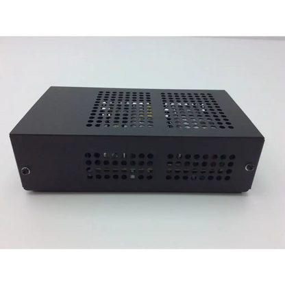 Black rectangular metal crestron cnpws-75 power supply with perforated ventilation grilles on top and sides