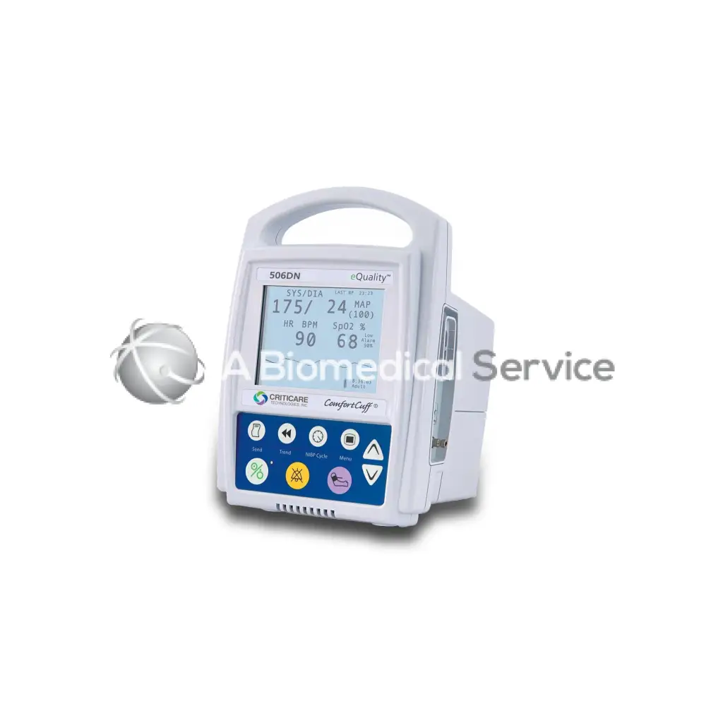 White plastic medical infusion pump with blue control panel and digital display showing vital signs criticare equality 506dn