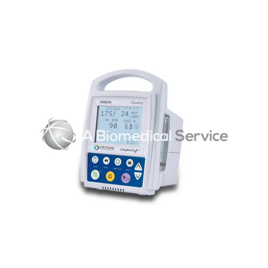 White plastic medical infusion pump with blue control panel and digital display showing vital signs criticare equality 506dn