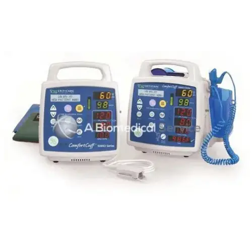 White and blue portable patient monitor Criticare VitalCare 506N3 with digital display showing vital signs