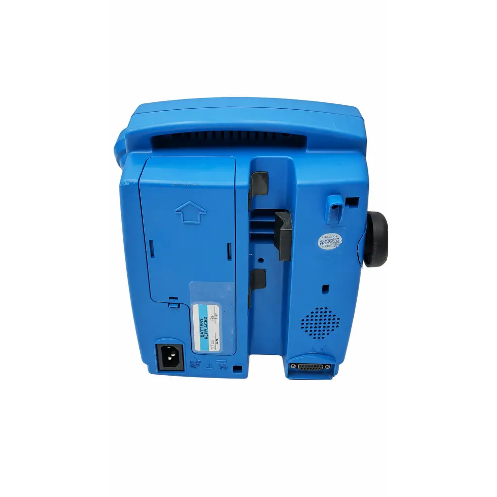 Back view of blue plastic biomed certified dinamap pro 400 vital signs monitor with power port and ventilation grille