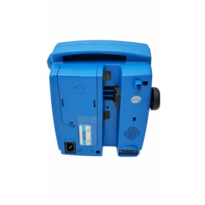 Back view of blue plastic biomed certified dinamap pro 400 vital signs monitor with power port and ventilation grille