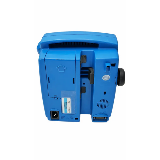 Back view of blue plastic dinamap pro 400 vital signs monitor with power port and ventilation grille