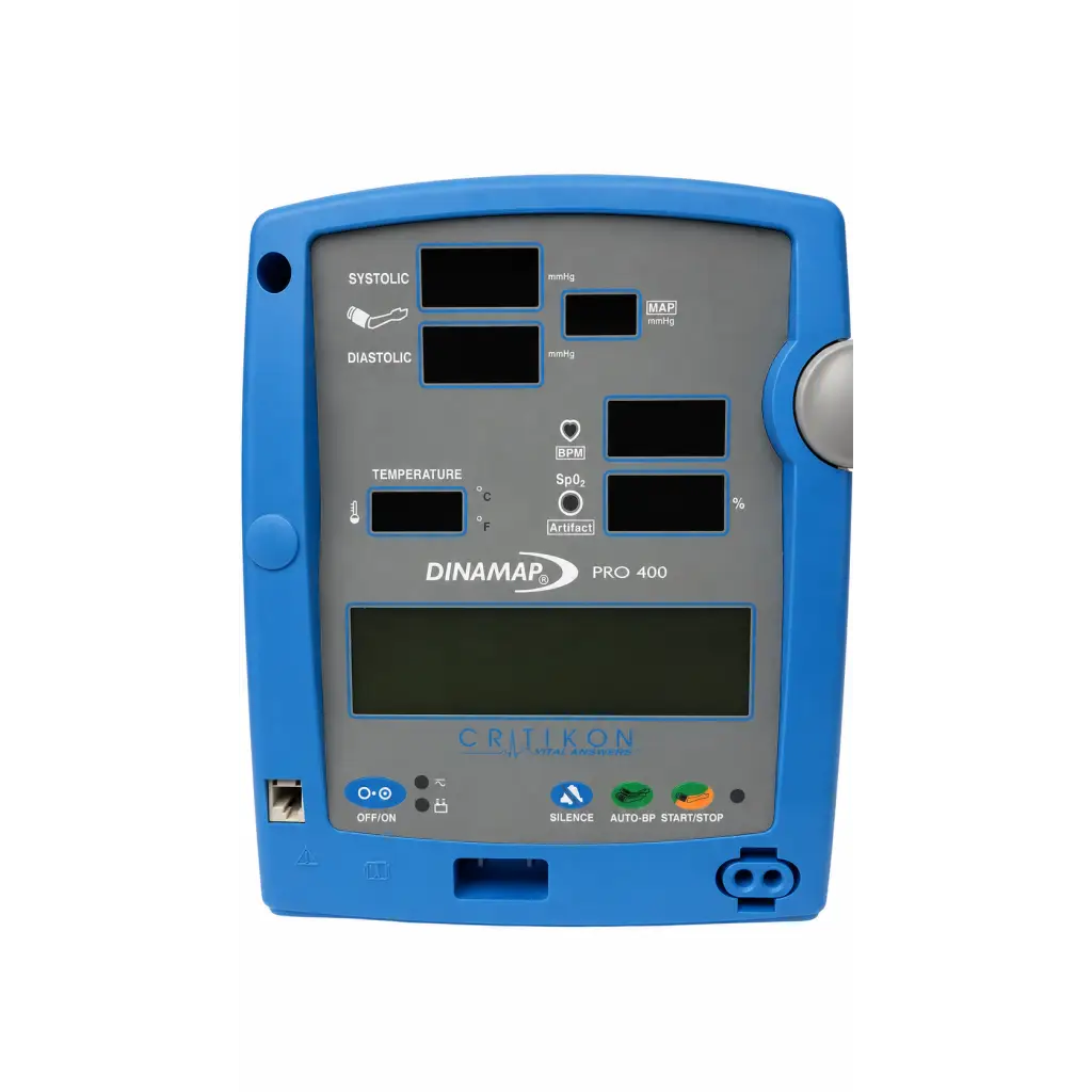 Blue plastic Critikon dinamap pro 400 biomed certified vital signs monitor with gray display panel and multiple readouts
