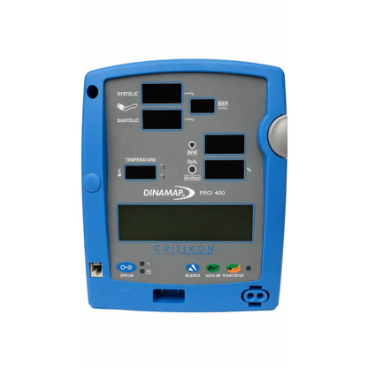 Blue plastic Critikon dinamap pro 400 biomed certified vital signs monitor with gray display panel and multiple readouts