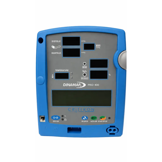 Blue plastic Critikon dinamap pro 400 vital signs monitor with gray display panel and multiple readouts
