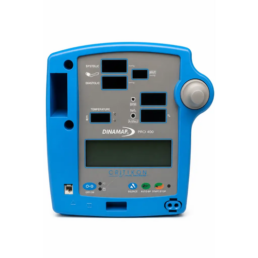 Blue Critikon DINAMAP Pro 400 vital signs monitor with gray control panel and digital display for medical use