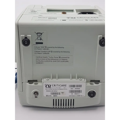 White plastic csi criticare 506n3 series comfort cuff patient monitor rear panel with model and serial information