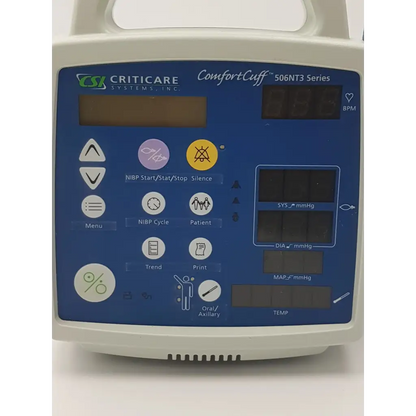 White and blue csi criticare 506n3 series comfort cuff patient monitor with digital display and nibp control buttons