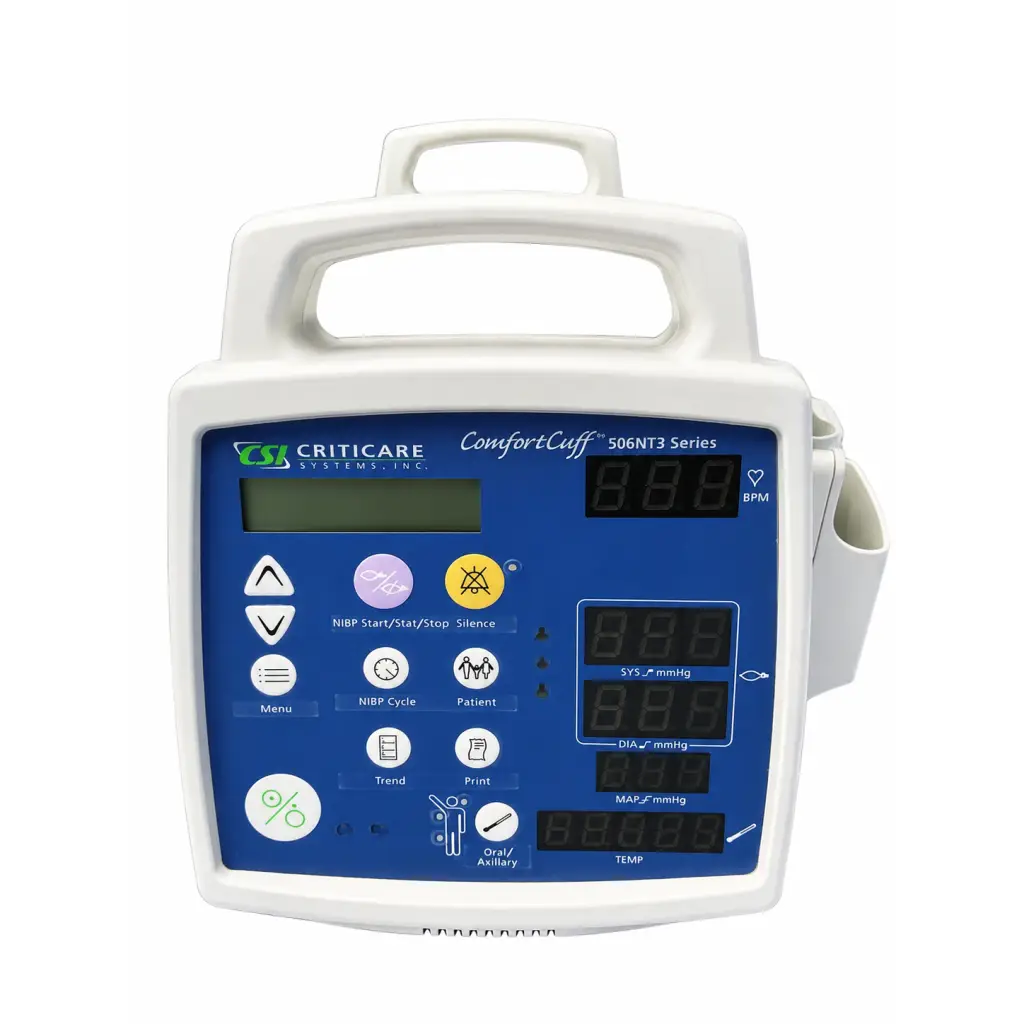 White plastic csi criticare 506nt3 patient monitor with blue control panel and digital vital sign displays
