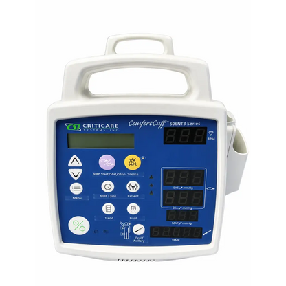 White plastic csi criticare 506nt3 patient monitor with blue control panel and digital vital sign displays