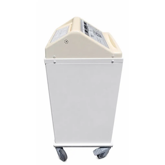 Cream-colored blanketrol ii 222s patient temperature management system with gray caster wheels