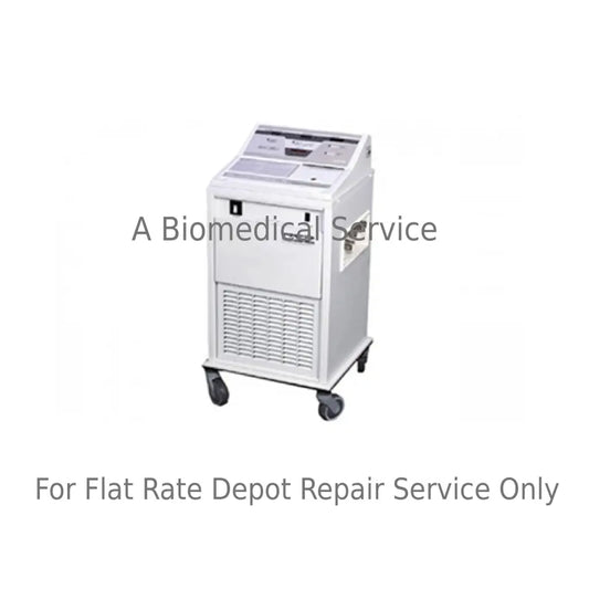 White medical equipment cart with control panel and ventilation grille on black caster wheels for flat-rate repair service