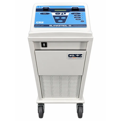 White medical-grade cart with blue control panel and black wheels labeled blanketrol iii by CSZ gentherm blanketrol