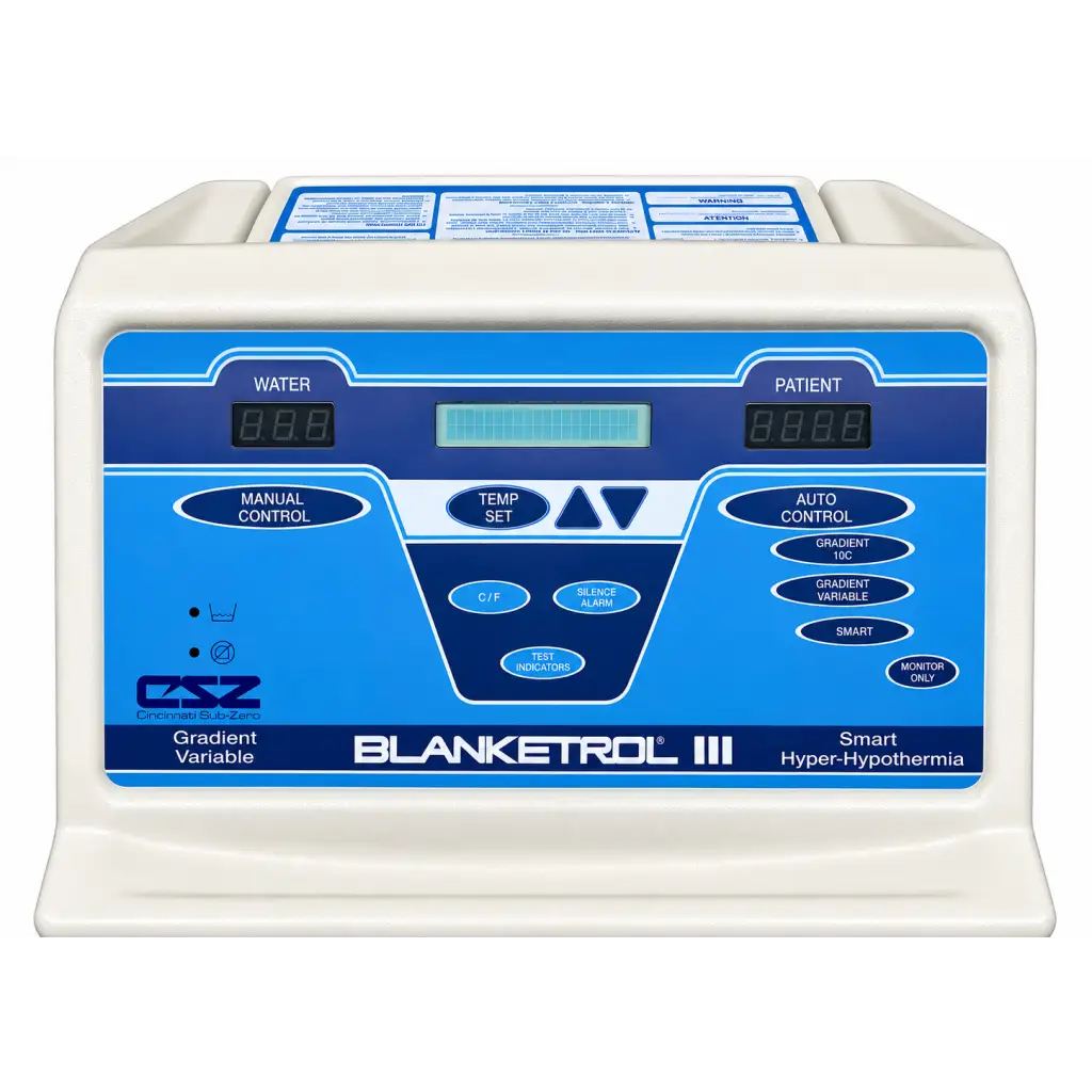 White plastic csz gentherm blanketrol iii hyper-hypothermia system with blue control panel and digital displays