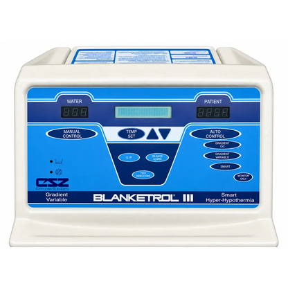 White plastic csz gentherm blanketrol iii hyper-hypothermia system with blue control panel and digital displays