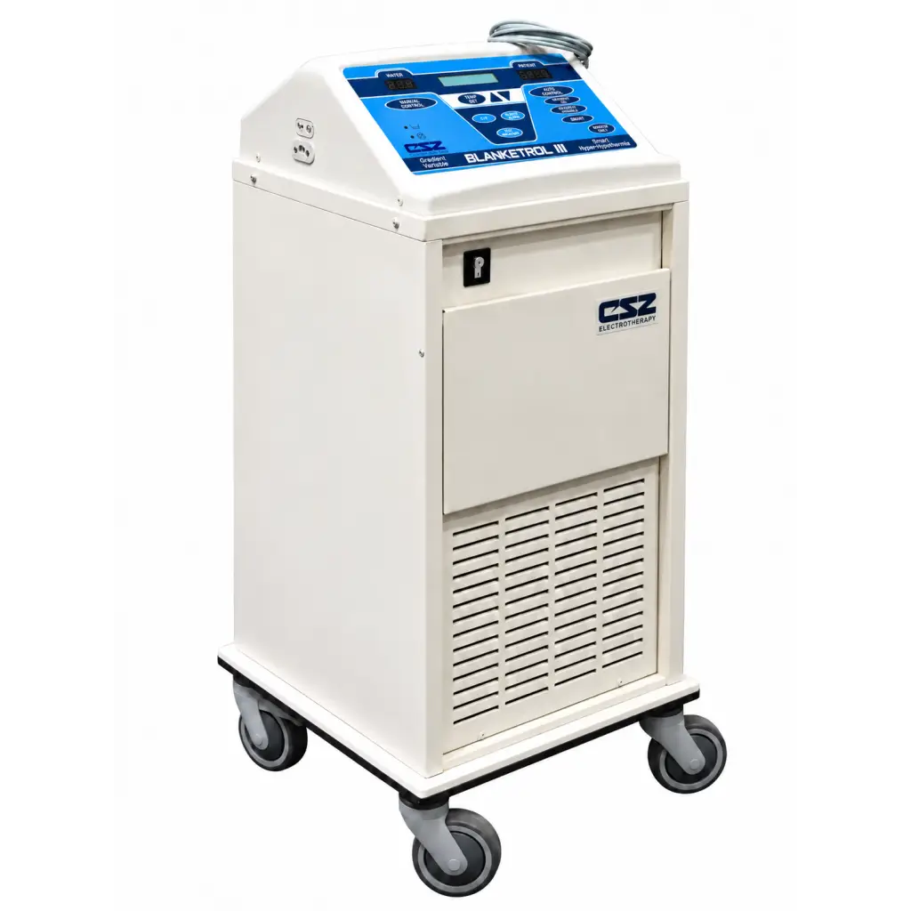 White csz gentherm blanketrol iii hyper-hypothermia system with blue control panel and gray casters