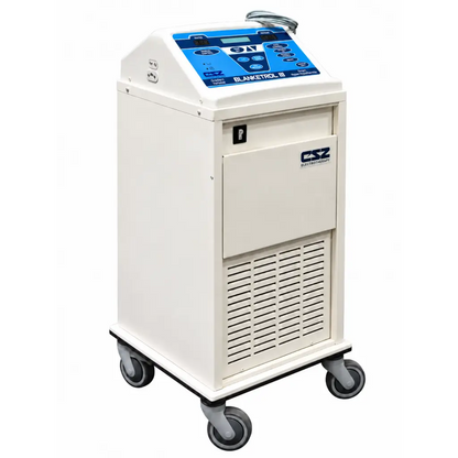 White csz gentherm blanketrol iii hyper-hypothermia system with blue control panel and gray casters