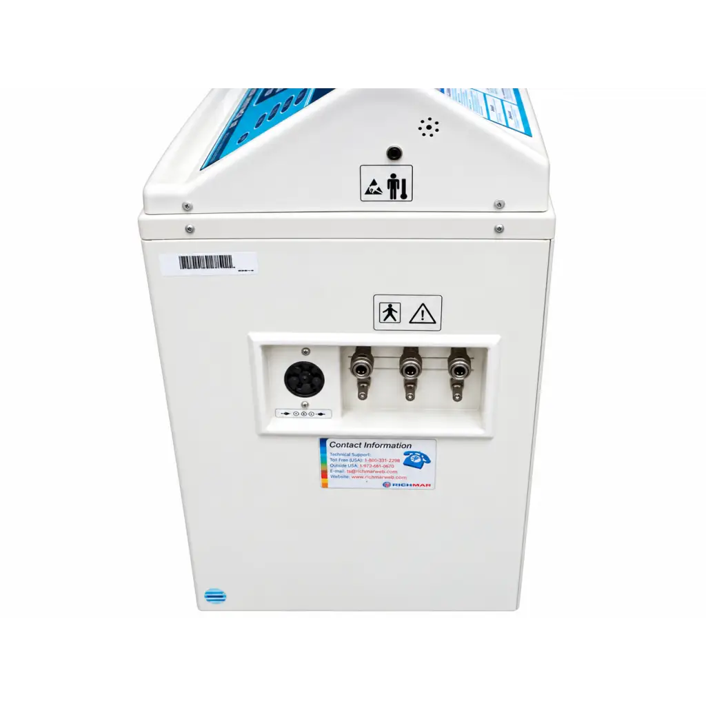 White industrial machine with blue accents and multiple metallic connectors on front panel of csz gentherm blanketrol iii