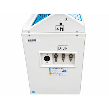 White industrial machine with blue accents and multiple metallic connectors on front panel of csz gentherm blanketrol iii