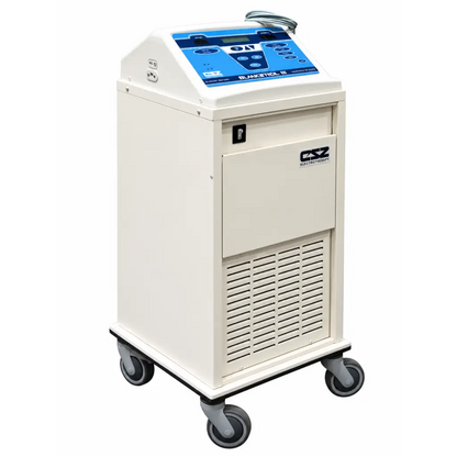 Cream-colored medical-grade electric blanketrol iii therapy unit with blue control panel and black wheels by csz gentherm blanketrol