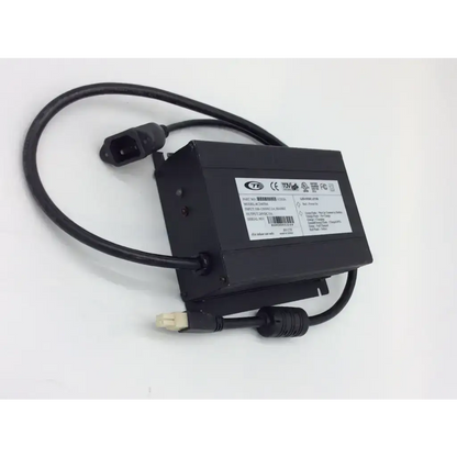 Black rectangular cte 4c24050a onboard battery charger with coiled cable and two connectors for power wheelchairs
