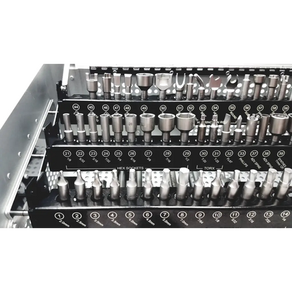 Organized black metal tool tray with silver socket wrench bits and screwdriver heads ctl total spin total spin ref