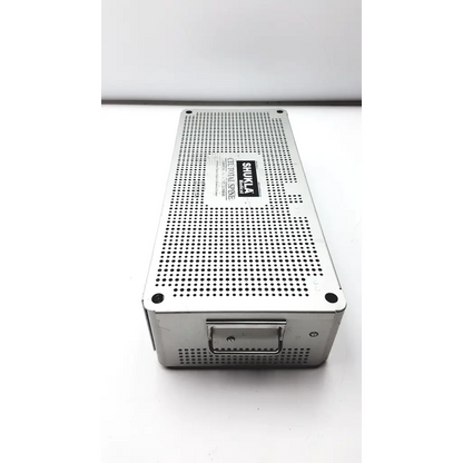 Silver perforated metal surgical instrument case with handle and label for ctl total spin total spin ref mks1031 missing pieces item 313